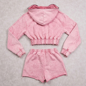 Ensemble court à capuche délavé pour femme, tissu confortable, qualité supérieure, streetwear, deux pièces, vente en gros, directement de l'usine - Product Image 3