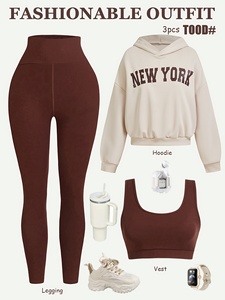 Women 3 Piece Workout Set Custom OEM Long Sleeve Crop <b>Top</b> Sports Bra High Waist <b>Leggings</b> - Product Image 5