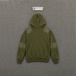 เสื้อฮู้ดซิปผู้ชายสีเขียวมะกอก ปักลายเพชร แต่งแขนเสื้อ สไตล์สตรีทแวร์ โอเวอร์ไซส์ ผ้าฟลีซลำลอง ใส่ได้ในฤดูหนาว ซิปยาวเต็มตัว 100% - Product Image 6