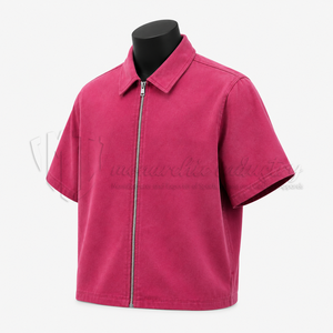 Chemise-veste zippée à manches courtes rose pour homme, couleur unie, col classique, décontractée, printemps, 100% coton biologique, écologique - Product Image 3