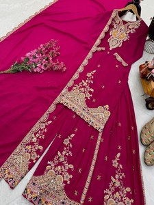 Costume Anarkali Salwar Kameez pour femmes, tissu modal, auto-brodé, rose vif, tenue de fête et de mariage - Product Image 4