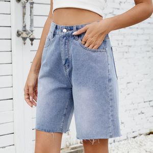 <b>Women's</b> High Waist <b>Denim</b> <b>Bermuda</b> <b>Shorts</b> Five Pocket Stonewashed Frayed Hem Button Fly Casual Style - Product Image 1