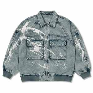 <b>Custom</b> Blue <b>Denim</b> Acid Wash <b>Jacket</b> With Abstract White Print And Chest Flap Pockets Ribbed Cuffs And Zip Closure For Unisex Wear - Product Image 1