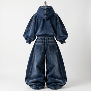 <b>Womens</b> Dark Blue Washed Denim Hoodie And <b>Baggy</b> Wide Leg <b>Jeans</b> Set Oversized Drawstring Sweatshirt Casual Streetwear Custom - Product Image 4