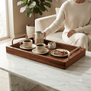 Plateau de service en bois artisanal avec poignées en métal, grand plateau rectangulaire pour café, thé, petit-déjeuner, nourriture, maison, restaurant, hôtel, table - Product Image 5
