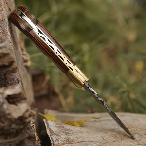Couteau pliant artisanal en acier Damas, personnalisable, avec étui en cuir, support OEM, manche en bois, couteau de camping - Product Image 2