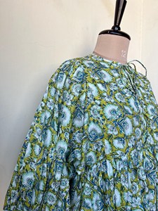 Bohemian Floral Block Print Cotton Midi <b>Dress</b> Vintage Puff Sleeve <b>Loose</b> Fit Tie Neck Summer <b>Dress</b> For Women - Product Image 4