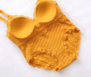 Bralette sin Varillas Color Amarillo Mostaza para Mujer, con Ribete de Encaje, Tejido de Spandex Transpirable, para Uso Diario, con Relleno, Copa Completa, de Secado Rápido - Product Image 2