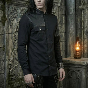 Gothic Shirt <b>Men</b> Black Leather Panel <b>Studded</b> Snap Button Top Steampunk Dark <b>Mens</b> Goth Punk Collared Shirts - Product Image 3