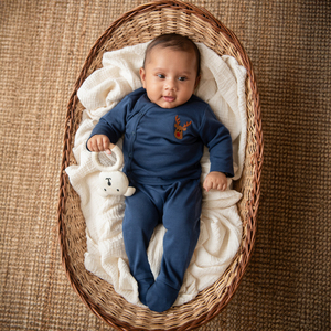 Ensemble de vêtements pour bébé Cot & Candy : Haut kimono bleu marine bio et pantalon-couche à picots - Product Image 6