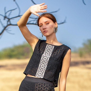 Chic Handcrafted Black Eyelet Schiffli Cotton Crop <b>Top</b> Geometric Embroidered Panel Fusion <b>Festival</b> Wear Elegant Sleeveless <b>Top</b> - Product Image 1