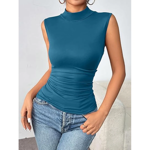 Women's Sleeveless <b>Turtleneck</b> Tank <b>Top</b> Slim Fit Ruched Slim Tee Solid Color Casual Summer <b>Top</b> - Product Image 3