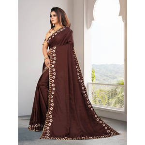 ผ้าส่าหรีผ้าไหมลายโดลาสำหรับงานปักผ้าแพรสีน้ำตาล - Product Image 2