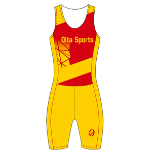 Combinaison de compétition de rowing rouge et jaune pour homme, sans manches, uniforme de performance, maillot de course, vêtements de sport d'équipe personnalisés en gros - Product Image 1