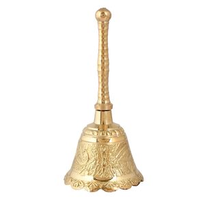 Campana de Mano de Latón Chapado en Oro con Grabado Religioso, Campana de Oración Redonda con Diseño Tallado - Product Image 1