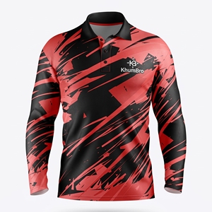 Polo à manches longues pour homme KhumBro, sublimé, imprimé géométrique rouge et noir, évacuation de l'humidité, coupe classique - Product Image 1