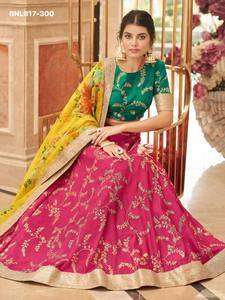 Ocassional wear Art Silk with Zari-Dori-Thread-<b>Sequin</b> work <b>Flared</b> Can-Can Semi-Stitched Lehenga-Rani Blouse Set Woman Fashion - Product Image 4