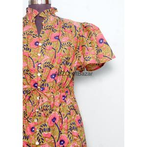 Vestido Corto de Algodón Puro para Mujer, Cuello en V, Estampado de Palmeras Hecho a Mano, Estilo Minimalista, Informal, para Fiestas - Product Image 3