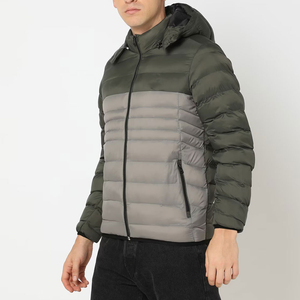 Blouson matelassé à capuche bicolore pour homme, gris-vert, léger, chaud, avec fermeture éclair, prix abordable, OEM, personnalisable, vente en gros - Product Image 6