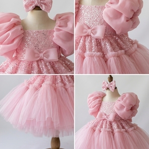 Vestido de Princesa con Lentejuelas Rosas para Niñas, con Mangas Abullonadas de Organza y Lazo, para Fiestas de Cumpleaños, Desfiles, Damas de Honor y Sesiones de Fotos - Product Image 3