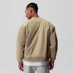 <b>Men's</b> <b>Khaki</b> Bomber Jacket Solid Color Stand Collar Zipper Closure Casual Winter Wear Polyester Material Front Logo Streetwear - Product Image 2