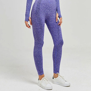 Women's Seamless High Waist Full Length Leggings Solid Purple Four-Way Stretch Yoga Set Crew Neck <b>Crop</b> <b>Top</b> 2 Piece - Product Image 6