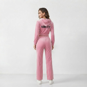 Stylish Winter Women's Hooded Solid <b>Velvet</b> 2-Piece Sweating <b>Tracksuits</b> Versatile Full Set Short Sleeves 100% Polyester - Product Image 2