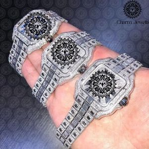 Charm Jewells Men's Luxury Stainless Steel Watch 43mm Polygon Case Diamond Encrusted Analog Quartz <b>Chronograph</b> Red Leather Band - Product Image 2