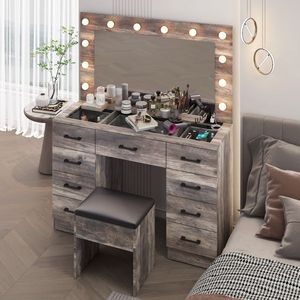 Large Lighted 12 LED Mirror Makeup Vanity Desk Set with 9 Drawers Glass Top Vanity Table with Power Outlet - Product Image 1