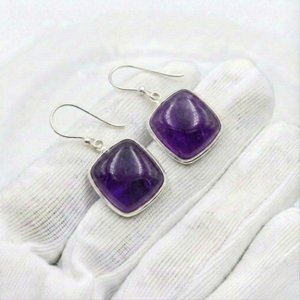 Handmade <b>Solid</b> 925 Sterling <b>Silver</b> Gemstone <b>Earrings</b> Bezel Setting Amethyst Square Boho Dangle Drop <b>Earrings</b> For Women - Product Image 1