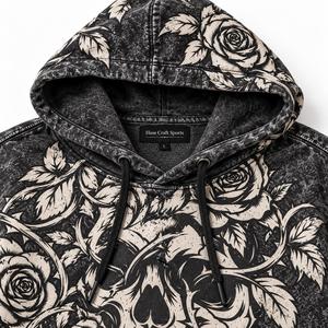 Sudadera con capucha para hombre con lavado ácido, estilo gótico con estampado de calavera y rosas, vintage, con bolsillo canguro - Product Image 5