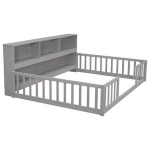 Grey Full Floor <b>Bed</b> with <b>Side</b> Bookcase Shelves & Guardrails - Product Image 1