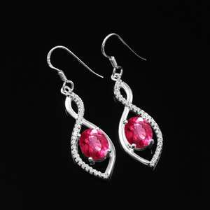 Pendientes colgantes de zafiro rosa, plata de ley 925, joyería hecha a mano, regalo de San Valentín para mujer, propuesta de compromiso - Product Image 1