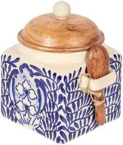 Blue Ceramic Food Storage Containers With Wooden Lids Blue Floral Design Airtight Kitchen <b>Jar</b> Set Nordic Style Handcrafted - Product Image 4