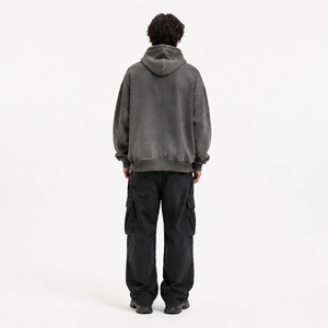 OEM Custom Washed Grey <b>Oversized</b> <b>Hoodie</b> Heavyweight Pullover with Raw Edge Black <b>Stitching</b> Distressed Embroidery - Product Image 2