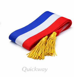 Écharpe de cérémonie décorative de haute qualité, tricolore rouge, blanc, bleu avec pompons dorés - Product Image 5