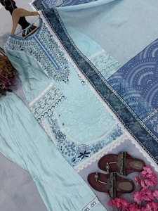 Ensemble Salwar Farshi en satin de rayonne avec Kurta brodée, drapé en chiffon à imprimé numérique et bordure en dentelle sur quatre côtés, Festif ZW 233 - Product Image 5