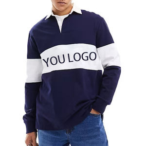 Camiseta de Rugby Retro Personalizada en Color Azul Marino con Panel Blanco, Manga Larga, Tejido Transpirable, Estilo Polo con Botones, Unisex - Product Image 1