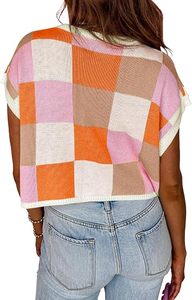 SAJZA INTERNATIONAL Women's Casual Breathable Plaid Jacquard Sleeveless Short Crop Vest Summer Thin Color <b>Block</b> Knit Shirt - Product Image 2