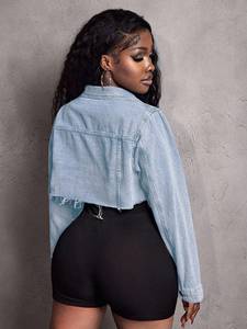 Women's Casual Fashionable Street Ripped Frayed Hem Cropped <b>Denim</b> <b>Jacket</b>, Suitable For Daily use - Product Image 3