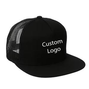 Black Trucker Snapback <b>Cap</b> Mesh Back 5 Panel Custom Logo <b>Design</b> Embroidery <b>Flat</b> Brim Sports Street Style <b>Caps</b> - Product Image 1