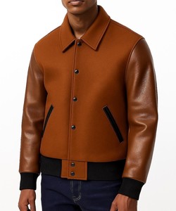 <b>Men's</b> <b>Cream</b> Varsity <b>Jacket</b> Green Leather Sleeves Button Closure Turn-down Collar Casual Autumn Wear Regular Fit - Product Image 3