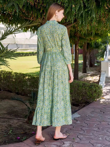 Nueva llegada de las mujeres elegantes bloque de mano impreso casual algodón Maxi vestido 100% lavable VERDE impreso algodón Maxi vestido - Product Image 6