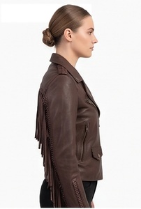 Wholesale Women Fringe <b>Tweed</b> <b>Jacket</b> Vintage <b>Brown</b> Western Cowgirl Biker Heated Windproof Genuine Tassel Motorcycle Coat - Product Image 5