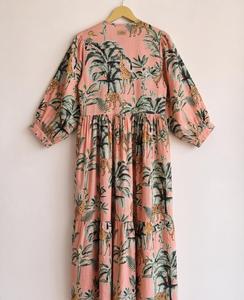 Tropical Print Maxi <b>Dress</b> With Puff Sleeves Loose Boho Style Summer Casual Wear Viscose Polyester Fabric O-Neck <b>Elastic</b> Waist - Product Image 1