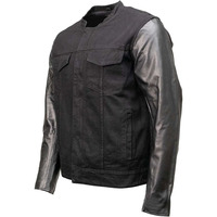 Veste de moto unisexe en denim noir SAMROZ SPORTS avec manches en cuir, patch au dos, protection hivernale, personnalisable