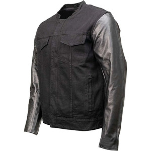 Veste de moto en denim noir pour homme SAMROZ SPORTS avec manches en cuir et patch au dos - Product Image 2