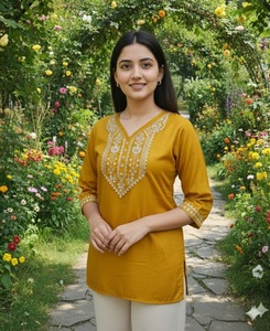 Women Wear Mustard Sual Cotton Tunic With Embroidered Neck And Cuffs Traditional Indian Casual Wear Midi Length Regular Fit - Product Image 1