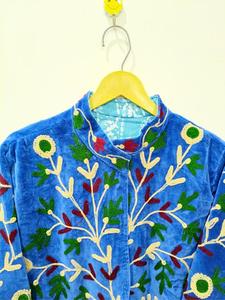 Handmade Blue <b>Velvet</b> Embroidered Suzani <b>Jacket</b> With Floral Pattern Full Sleeve Stand Collar Bohemian <b>Women's</b> Autumn Outerwear - Product Image 3