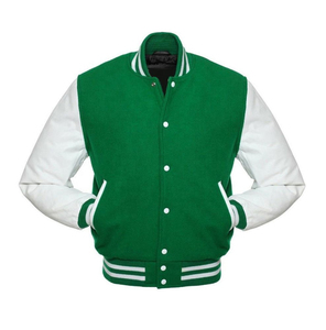 Men Green White Varsity Jacket Regular Fit Stand Collar Solid Color Leather Canvas Winter Casual Outerwear Embroidery - Product Image 2